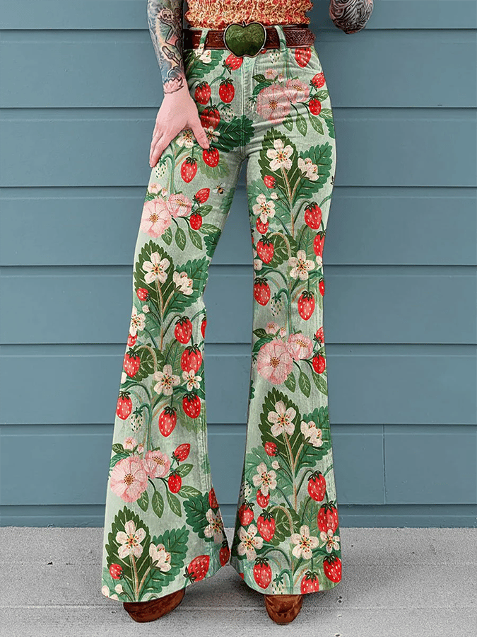 Women's Vintage Floral Print Mid-Rise Button-Hem Bootcut Pants (Without Belt)