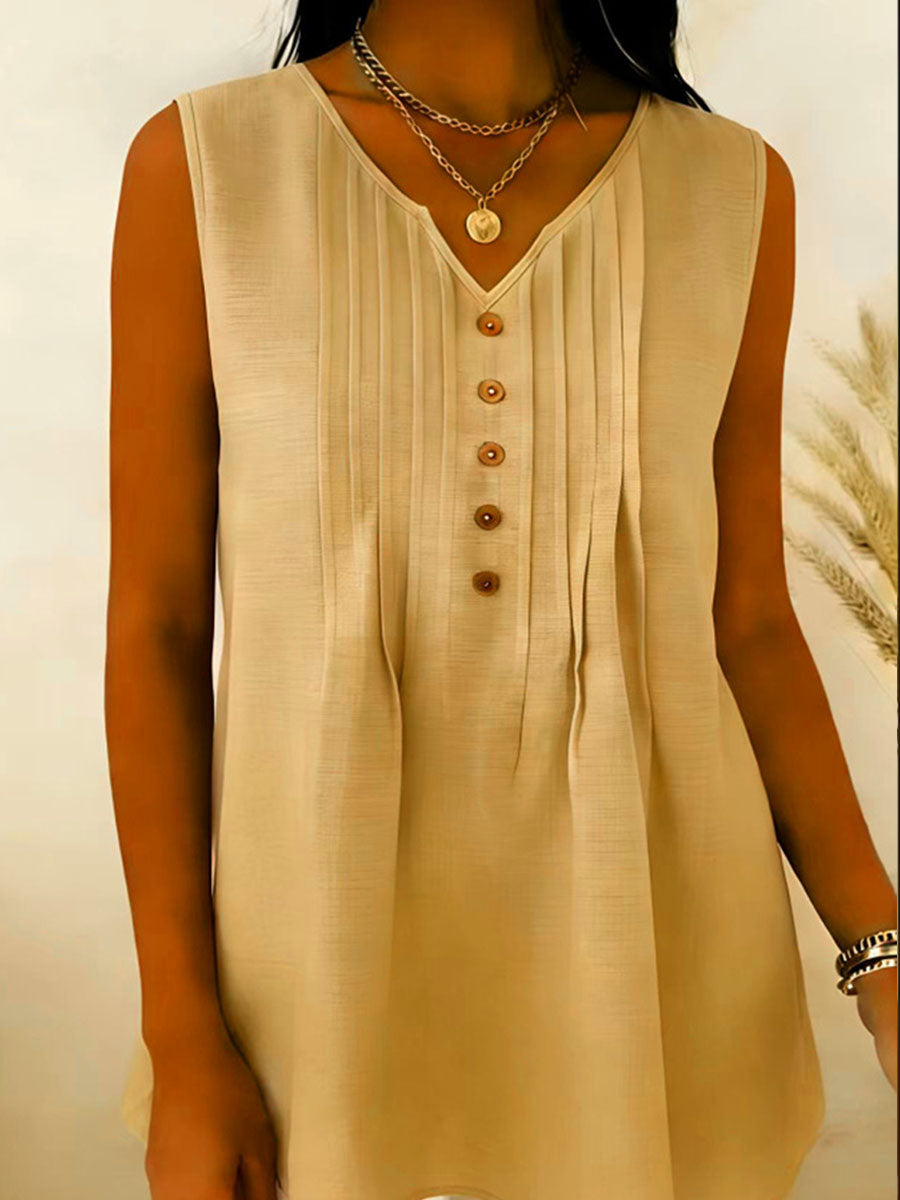Women's V-neck Pleated Solid-color Sleeveless Top