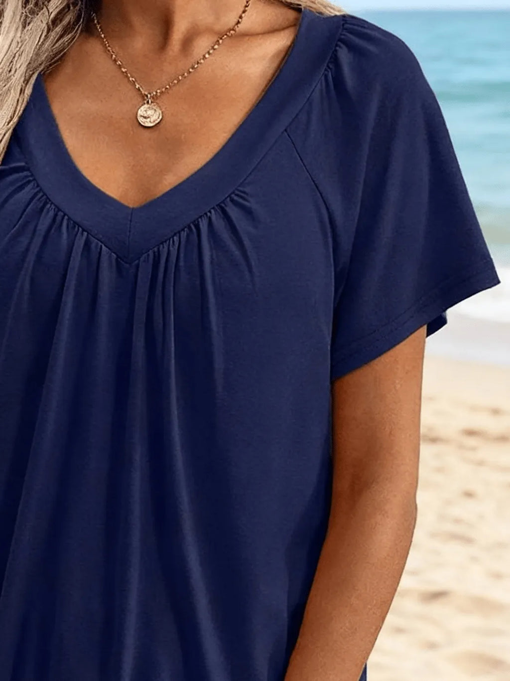 Women's V-Neck Pleated Loose Short-Sleeved T-Shirt