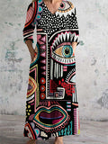 Women's V Neck Abstract Face Painting Pattern Art Print Cotton and Linen Pocket Dress