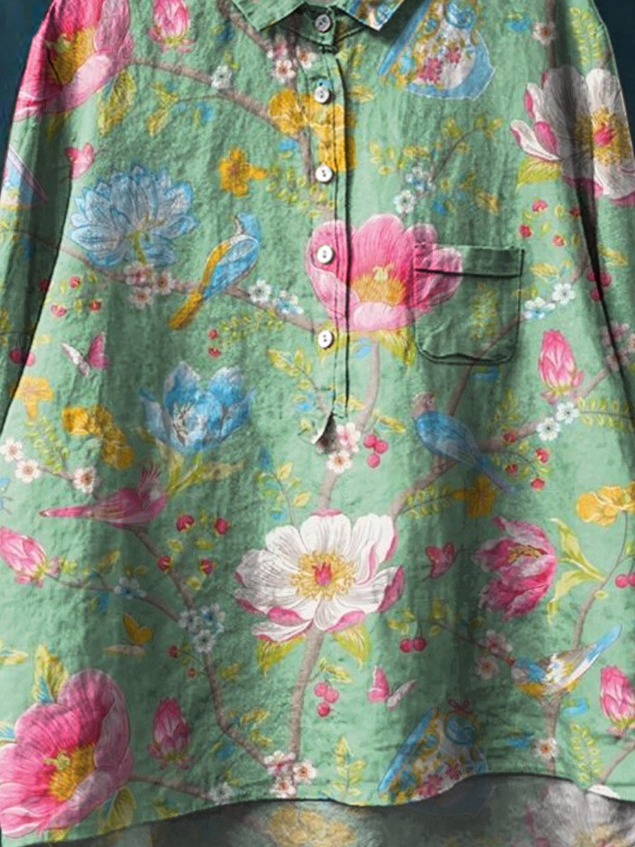 Vintage Lovely Floral Birds Art Print Casual Cotton And Linen Shirt