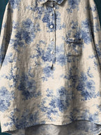 Vintage Lovely Floral Art Print Casual Cotton And Linen Shirt