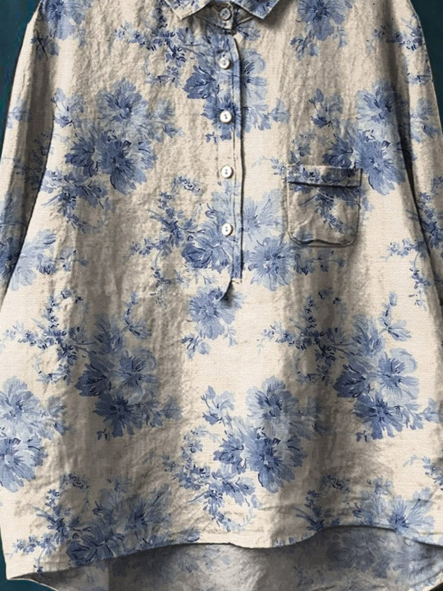 Vintage Lovely Floral Art Print Casual Cotton And Linen Shirt