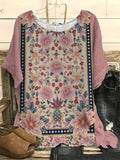 Vintage Floral Art Print Casual Linen Blend Shirt