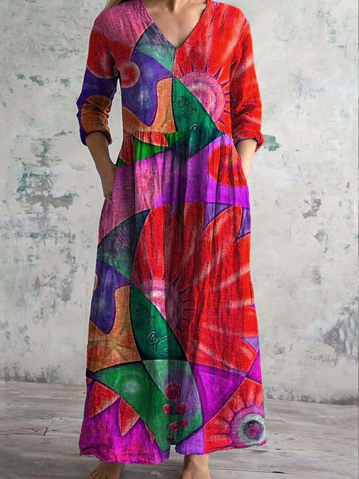 Women's V-neck Rainbow Art Cotton And Linen Dress With Pockets
