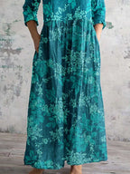 Women's Elegant Simple Floral V-Neck Cotton and Linen Dress with Pockets