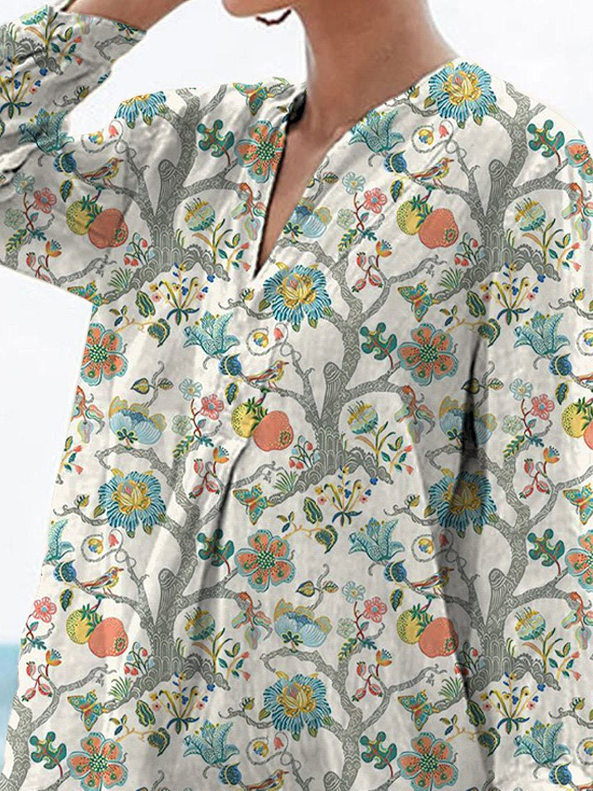 Sweet Summer Fruit And Floral Pattern Printed Women's Casual Linen V-neck Shirt