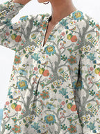Sweet Summer Fruit And Floral Pattern Printed Women's Casual Linen V-neck Shirt