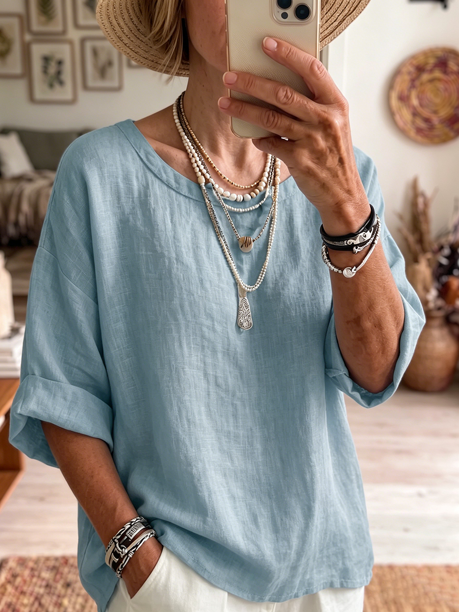Minimalist Boat-neck Cotton-linen Shirt With Batwing Sleeves