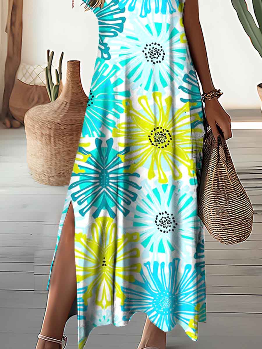 Women's V-Neck Knitted Floral Pattern Dress