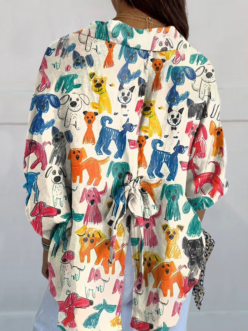 Women's Cute Kid Drawing Dog Print Casual Linen V-neck Shirt