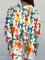 Women's Cute Kid Drawing Dog Print Casual Linen V-neck Shirt