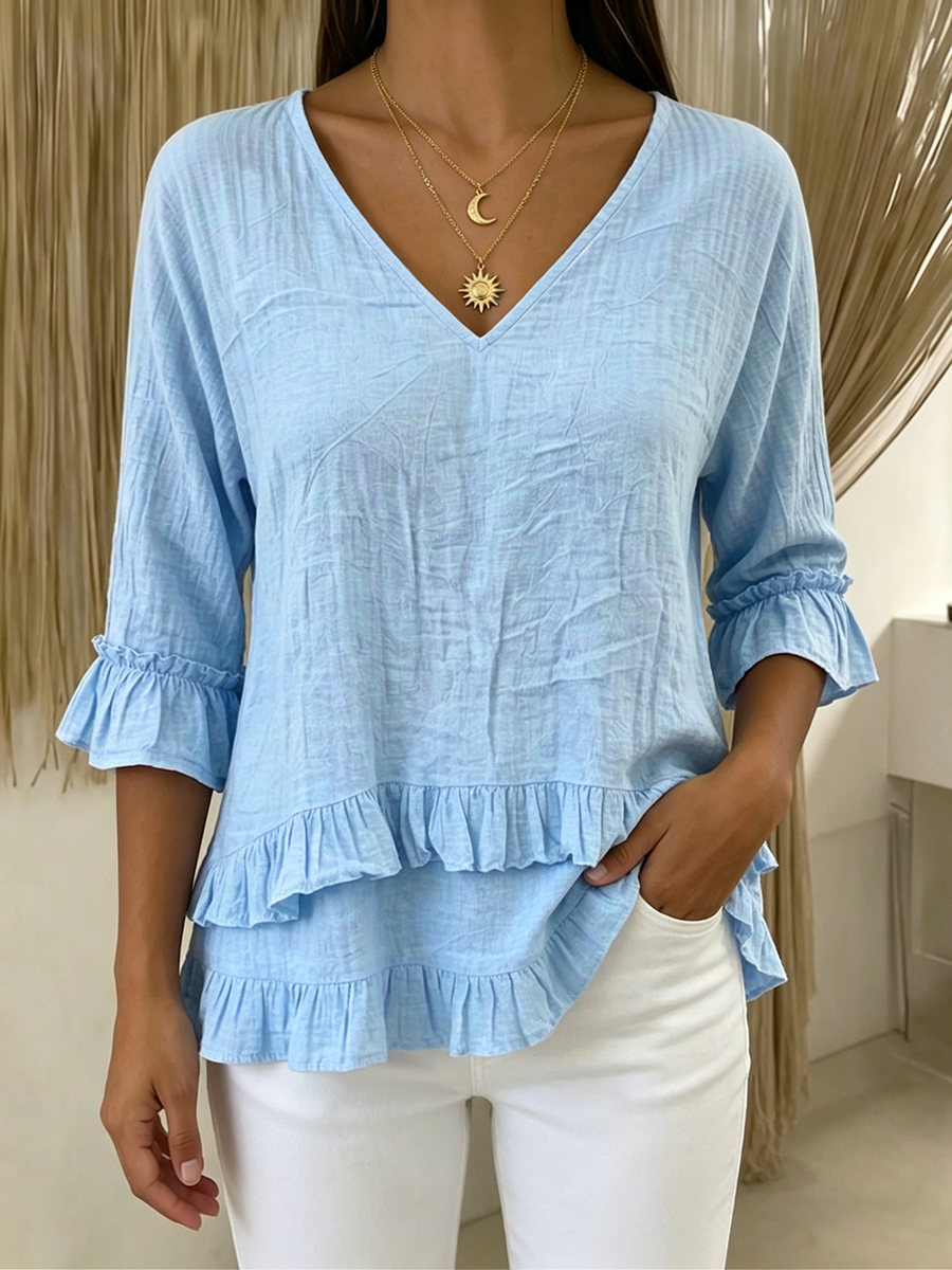 Casual Ruffled V-neck Cotton-linen Blouse Shirt