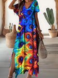 Women's V-neck Colorful Peacock Feather Pattern Short Sleeve Dress