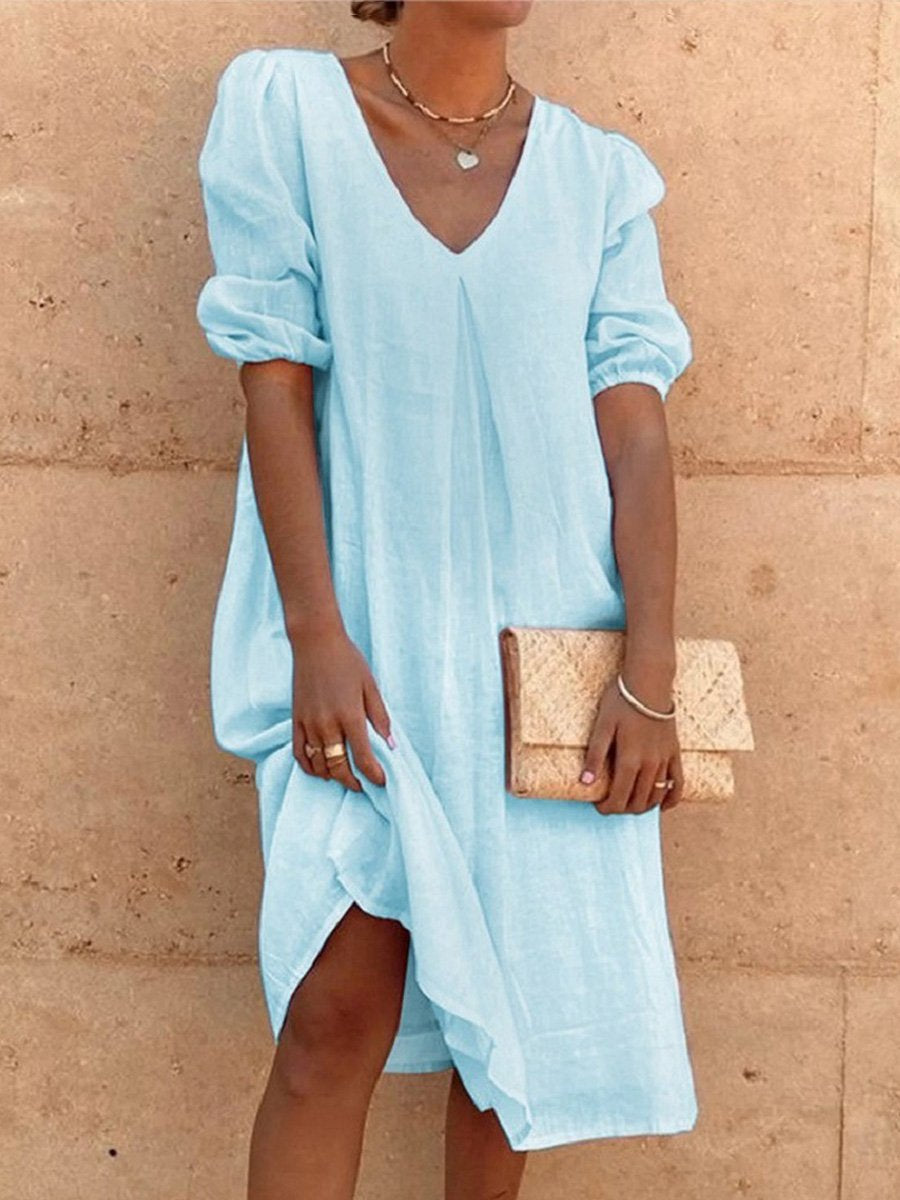 Cotton And Linen Solid Color Long Sleeve Casual Midi Dress