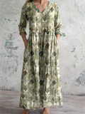 Women's V-Neck Art Texture Cotton And Linen Print Dress With Pockets