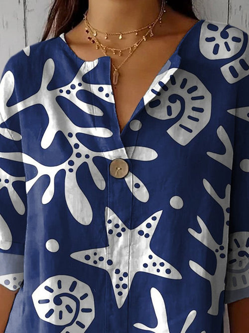 Coral And Sea Shell Pattern Printed Women's Casual Cotton Linen Shirt