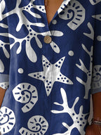 Coral And Sea Shell Pattern Printed Women's Casual Cotton Linen Shirt