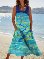 Women's Vintage Moon And Tree Pattern Round Neck Dress