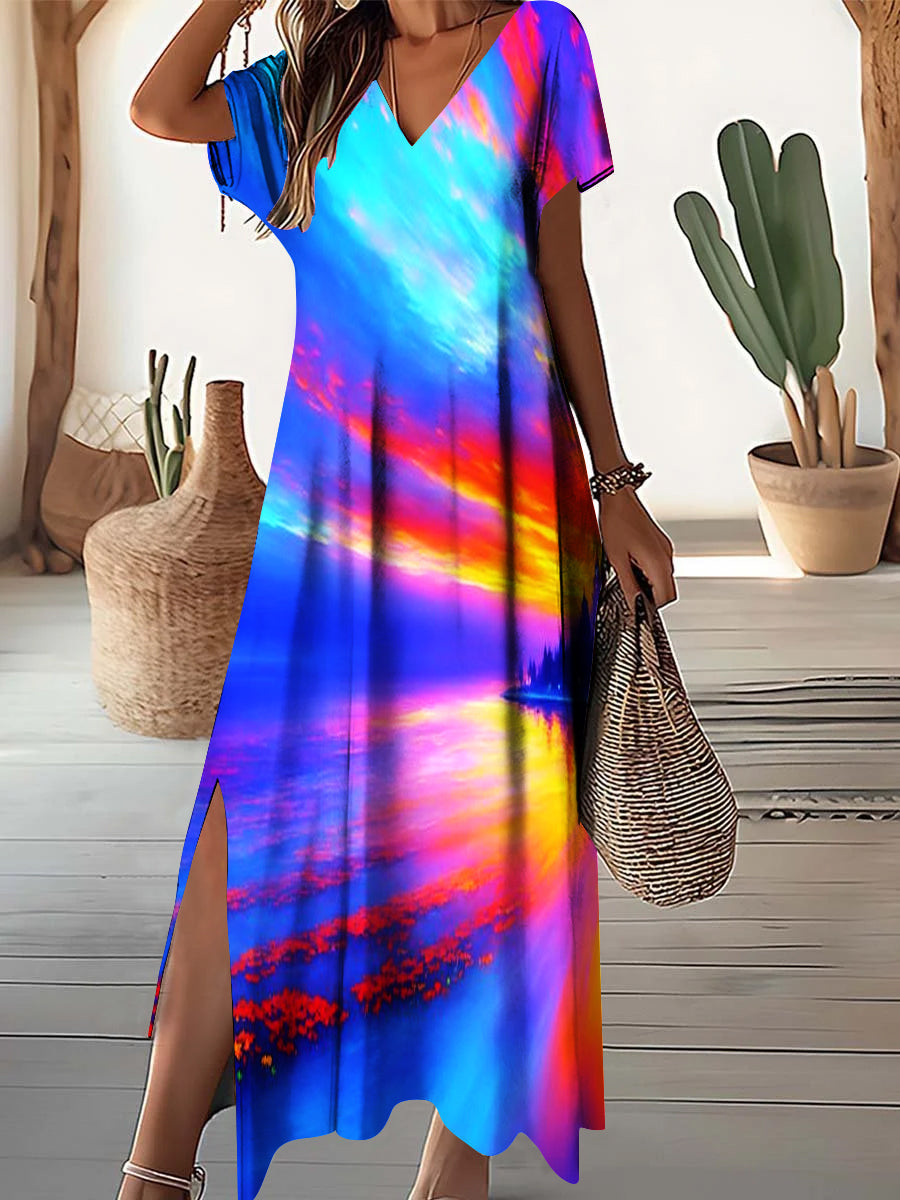 Women's V-Neck Art Abstract Sunset Pattern Dress