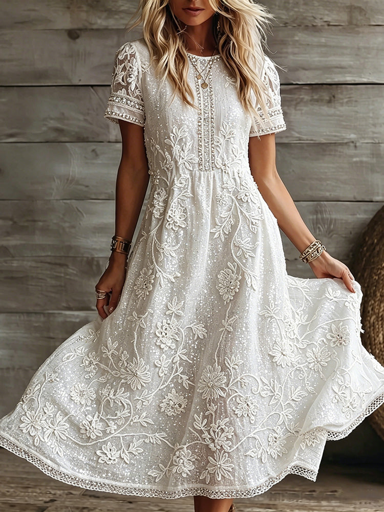 Women's White Rose Art Embroidered Linen Blend Round Neck Maxi Dress