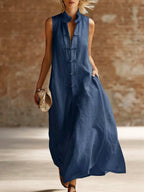 Stylish Stand-up Collar Frog Buttons Loose Linen-cotton Maxi Dress