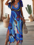 Women's V Neck Guitar Oil Painting Abstract Art Print Dress
