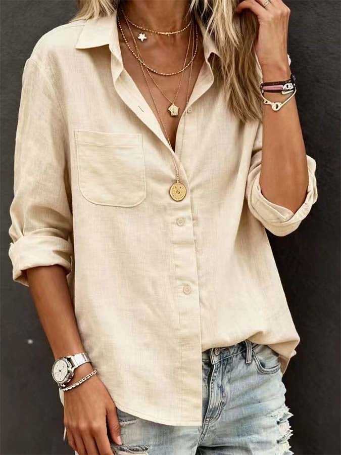 Women'S Casual Loose-Fitting Solid Color Cotton And Linen Shirt