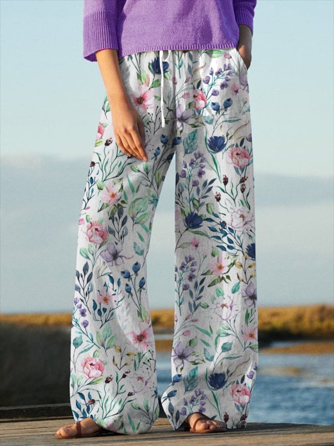 Women's Floral Design Lace-Up Elastic Waist Loose Casual Pants