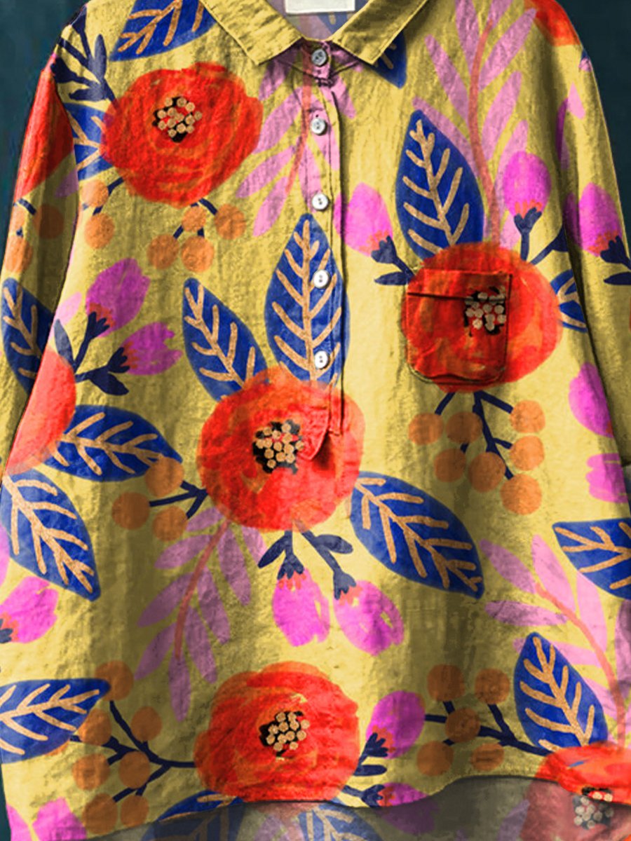 Women's Watercolor Flowers Floral Art Print Casual Cotton And Linen Shirt