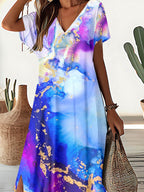 Women's V -Neck Art Splash Ink Printed Dress