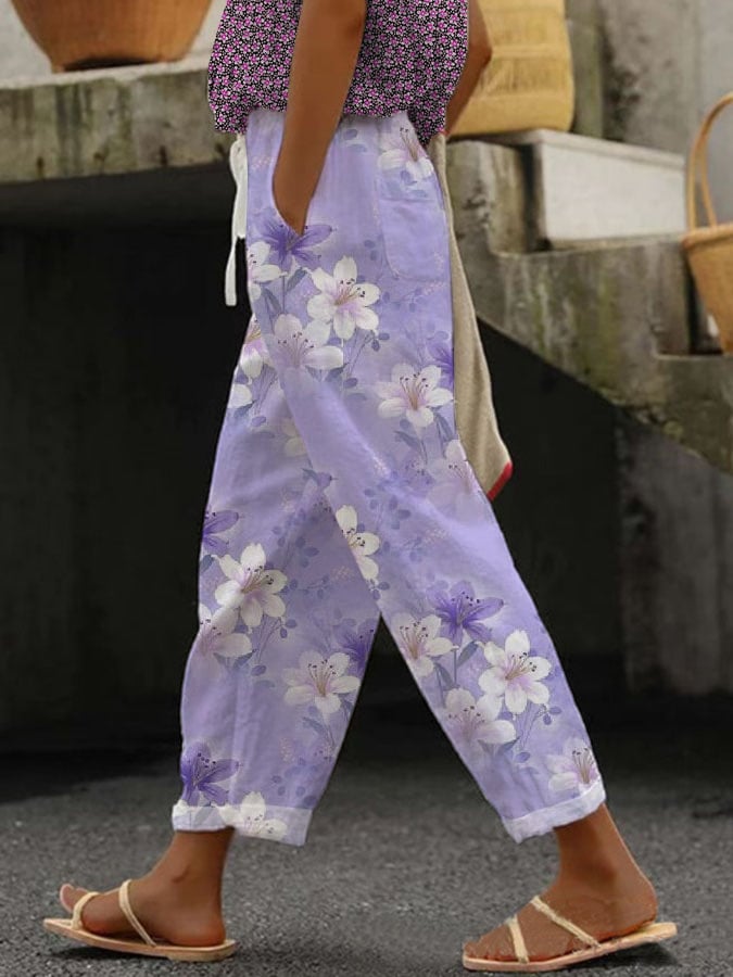 Women's Botanical Floral Design Print Lace-Up With Elastic Waist Loose Casual Pants