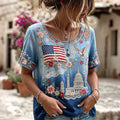 Women's American Flag Floral Art Embroidered Cotton Linen Crew Neck Top