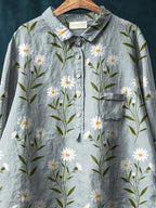 Sweet Daisy Field Pattern Printed Women's Casual Cotton And Linen Shirt