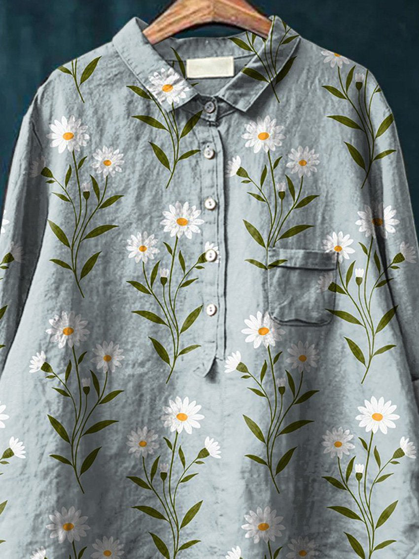 Sweet Daisy Field Pattern Printed Women's Casual Cotton And Linen Shirt
