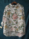 Women's Flower Print Casual Cotton And Linen Shirt