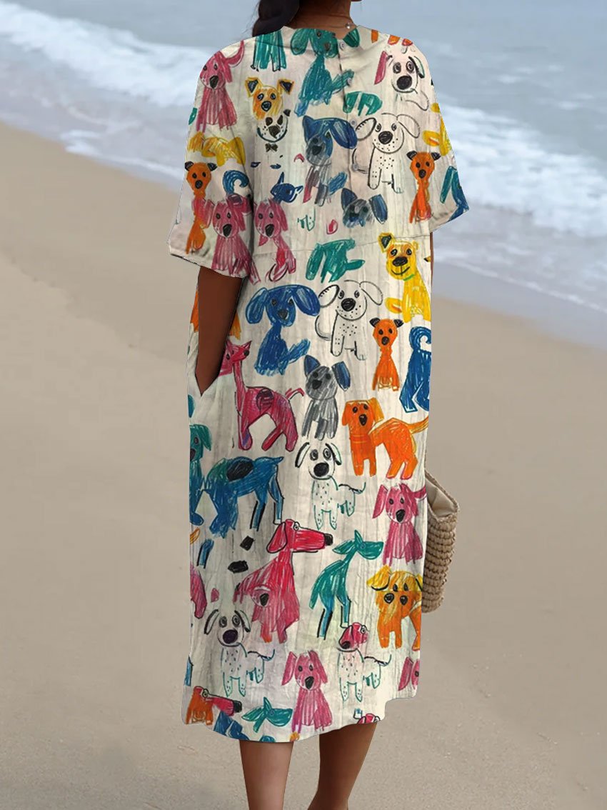 Women's Cute Kid Drawing Dog Print V Neck Vintage Linen Loose Dress