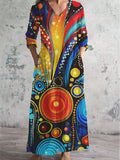 Women's V Neck Abstract Geometric Art Cotton and Linen Pocket Dress