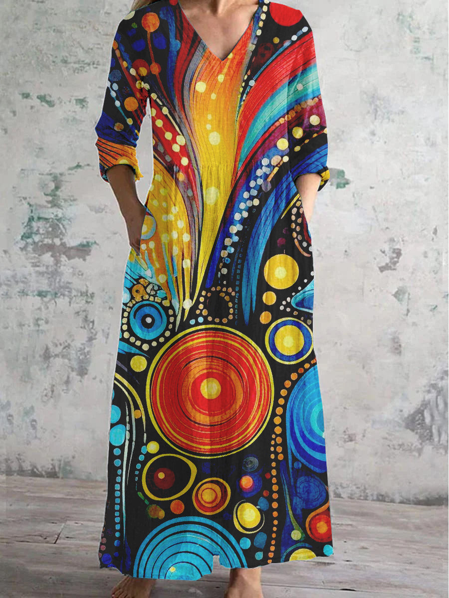 Women's V Neck Abstract Geometric Art Cotton and Linen Pocket Dress