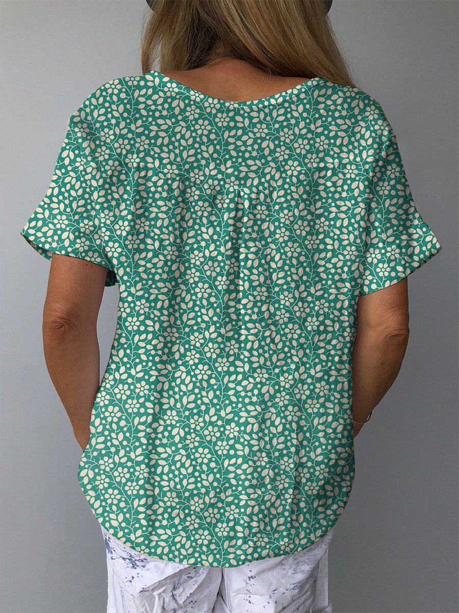 Women's Small Green Floral Print Print Casual Cotton And Linen Shirt
