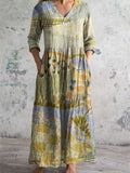 Women's V-neck Vintage Irregular Pattern Cotton Linen Dress