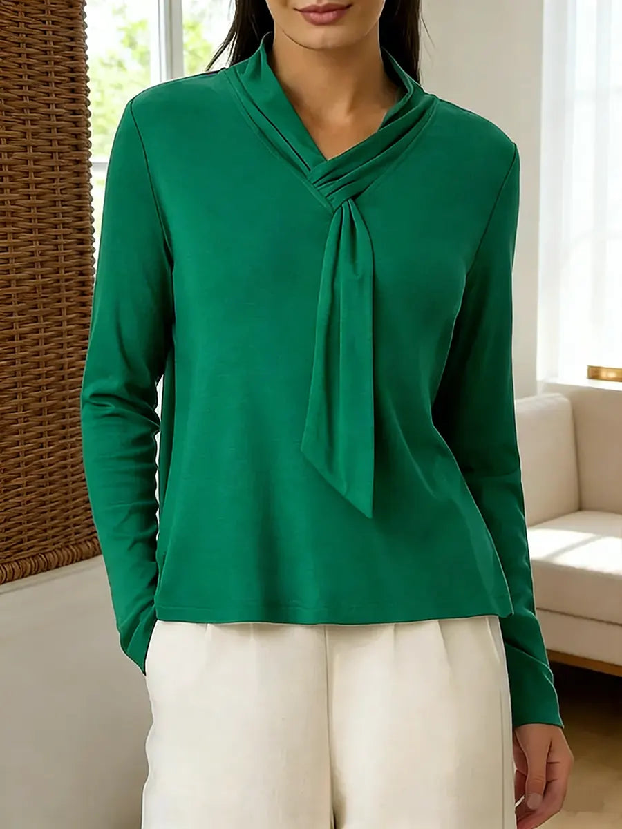 Women's solid color fashionable ribbon long-sleeved top