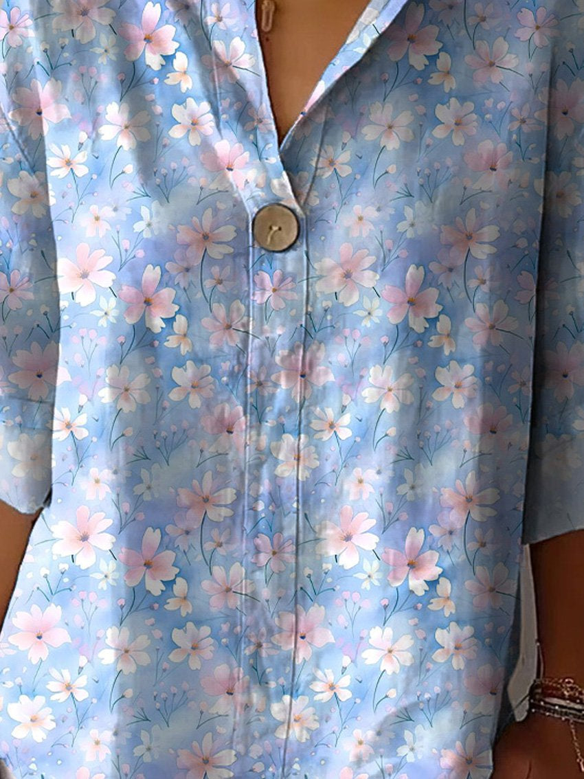 Watercolor Cherry Blossom Pattern Printed Women's Casual Cotton Linen Shirt