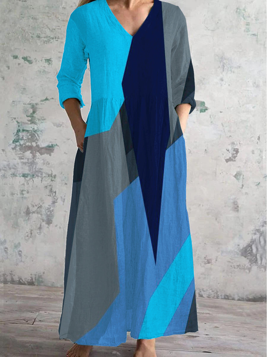 Women's V-Neck Abstract Geometric Art Cotton And Linen Pocket Dress