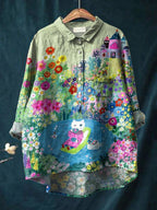 Vintage Lovely Cat Floral Art Print Casual Cotton And Linen Shirt
