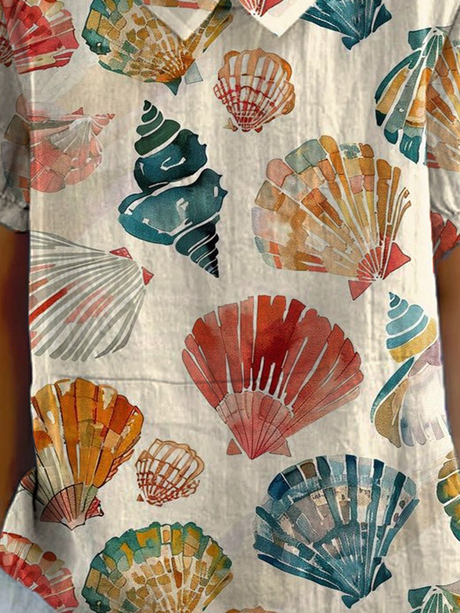 Women's Vintage Shells Art Print Casual Cotton And Linen Shirt