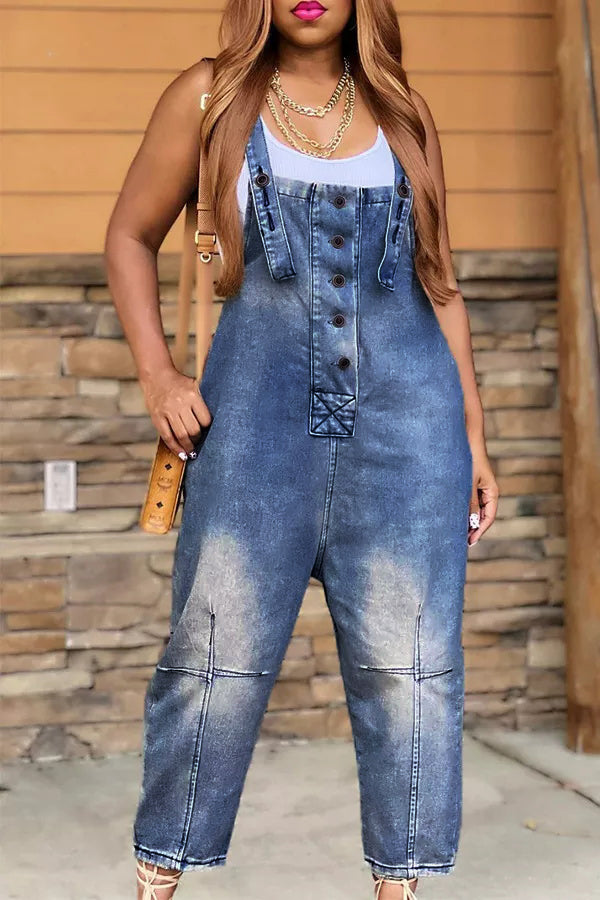 Fashion Casual Designer Style Denim Suspender Jumpsuit
