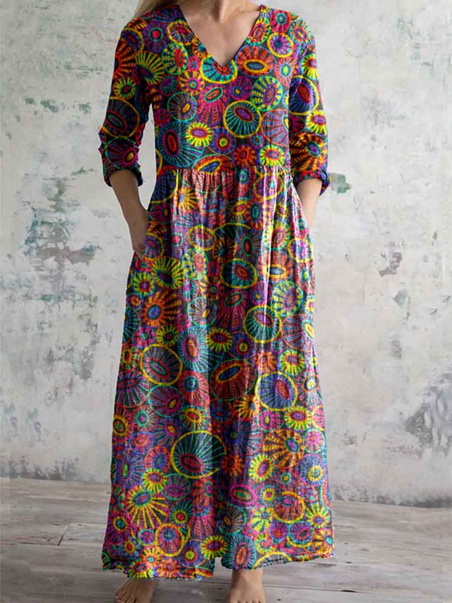 Women's Artistic Texture Geometric Pattern V-Neck Cotton And Linen Dress