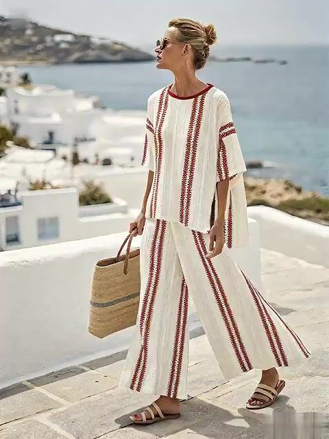 Women's Casual Loose Striped Pants Set