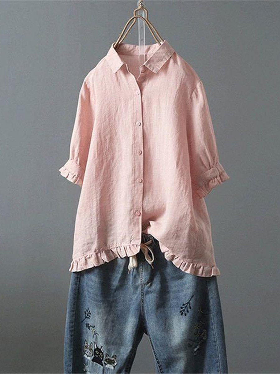 Women's Cotton and Linen Casual Single-Row Button Ruffle Shirt